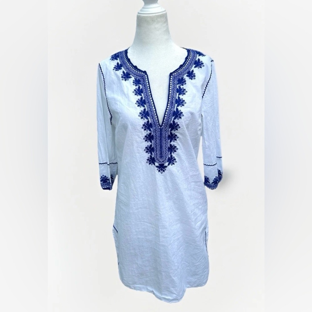 Vineyard Vines Tunic Dress Embroidered Sz S 100% Cotton White/Navy Nautical